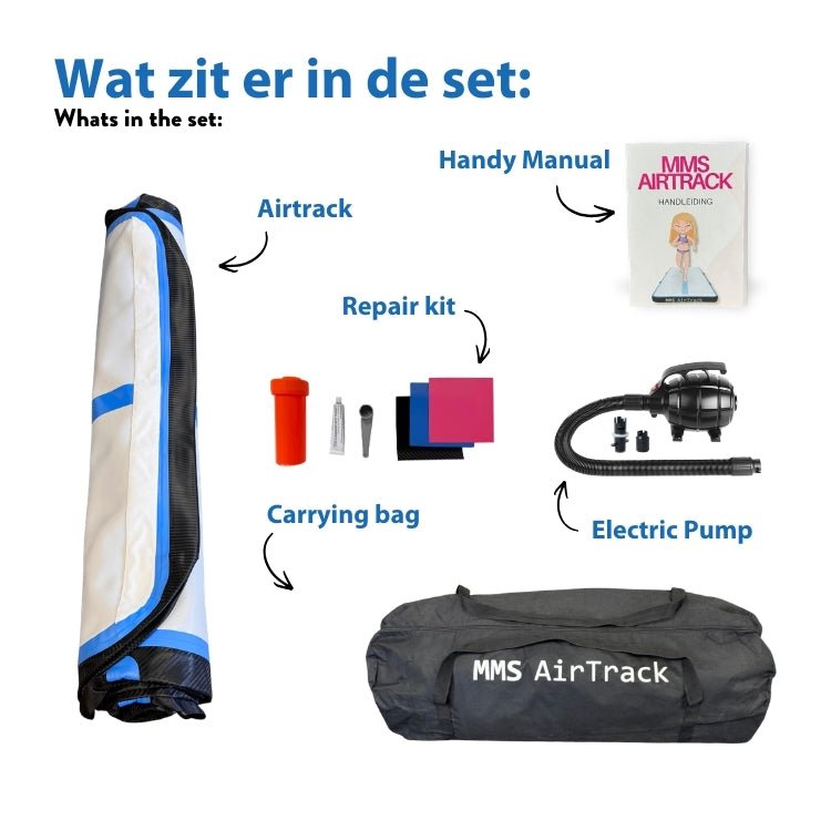MMS AirTrack Plus met elektrische pomp, draagtas en accessoires, ideaal voor demping en bounce tijdens trainingen.