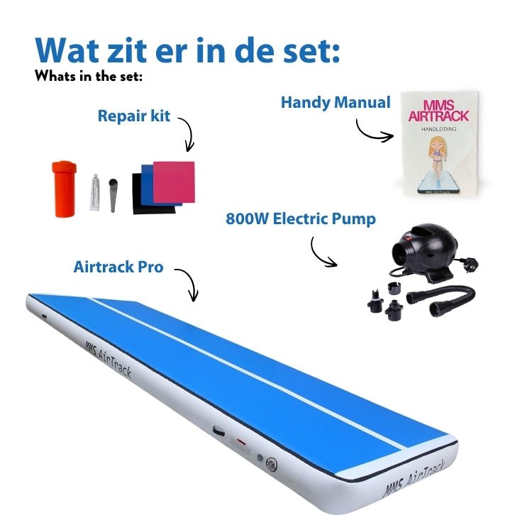 Blauwe MMS AirTrack Pro met accessoires, ideaal voor turnen en andere disciplines, overzichtelijk gepresenteerd.