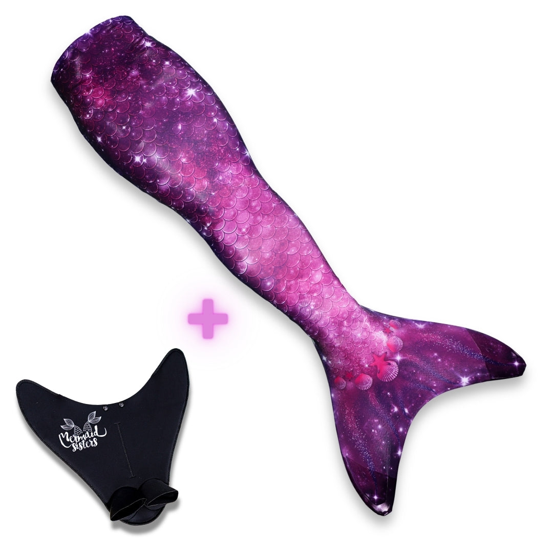 Lila zeemeerminstaart Star of the Sea Purple met glinsterende schubben en een bijpassende vin voor comfortabel zwemmen.