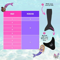 Kleurrijke maattabel voor de Mermaid Sisters standaard Monovin met illustraties van zeemeerminnen in een waterachtige achterg