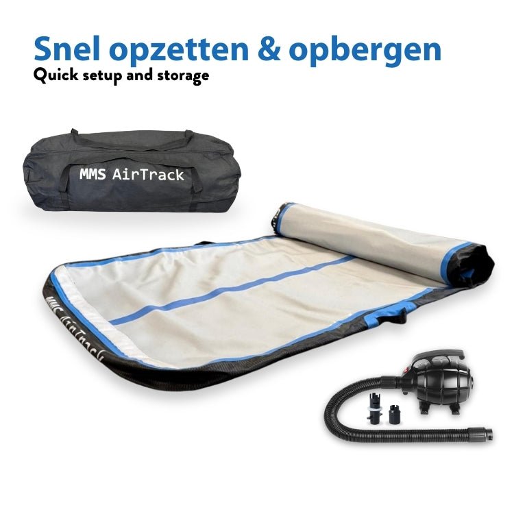 MMS AirTrack Plus in grijs met blauwe accenten, compleet met elektrische pomp en draagtas voor eenvoudig gebruik en opslag.