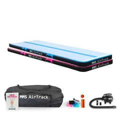 MMS AirTrack Basic in blauw en roze, inclusief draagtas en pomp, ideaal voor trainen thuis of buiten.