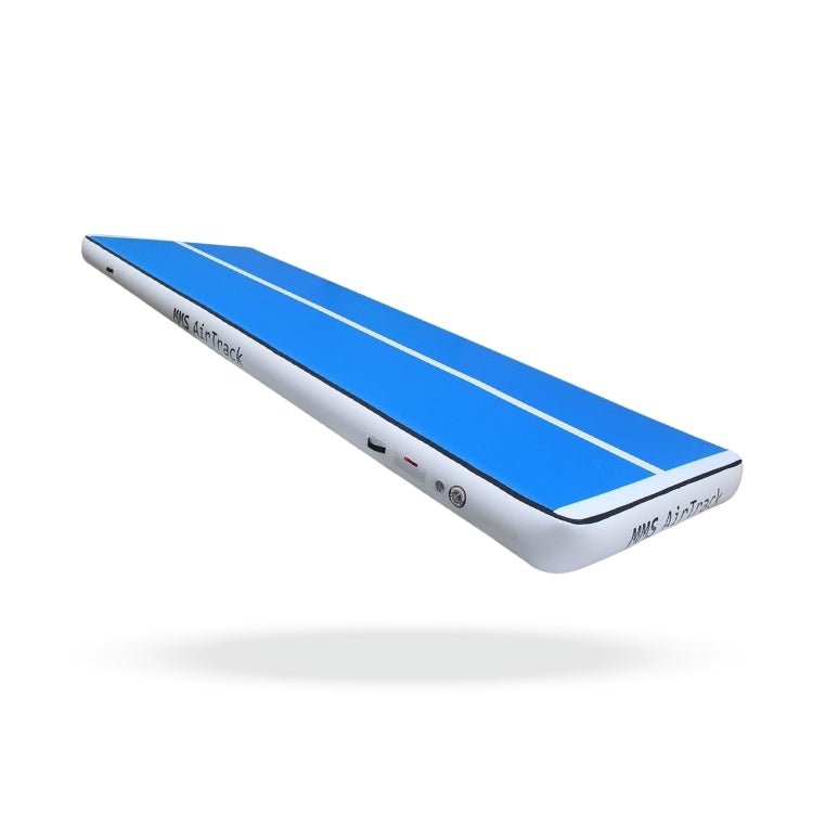 Blauwe MMS AirTrack Pro, 2 meter breed en 20/30 cm dik, ideaal voor turnen en andere disciplines, met een strakke afwerking.
