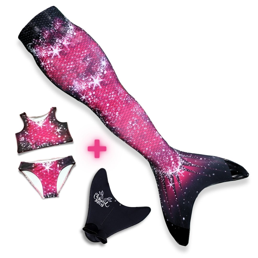 Lichtgewicht zeemeerminset Pink Passion met een opvallende roze kleur en glinsterende details, inclusief top en broekje.