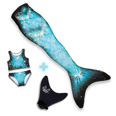 Lichtgewicht zeemeerminset Sparkle Splash in diepblauw met sprankelende accenten, inclusief top, broekje en vin.
