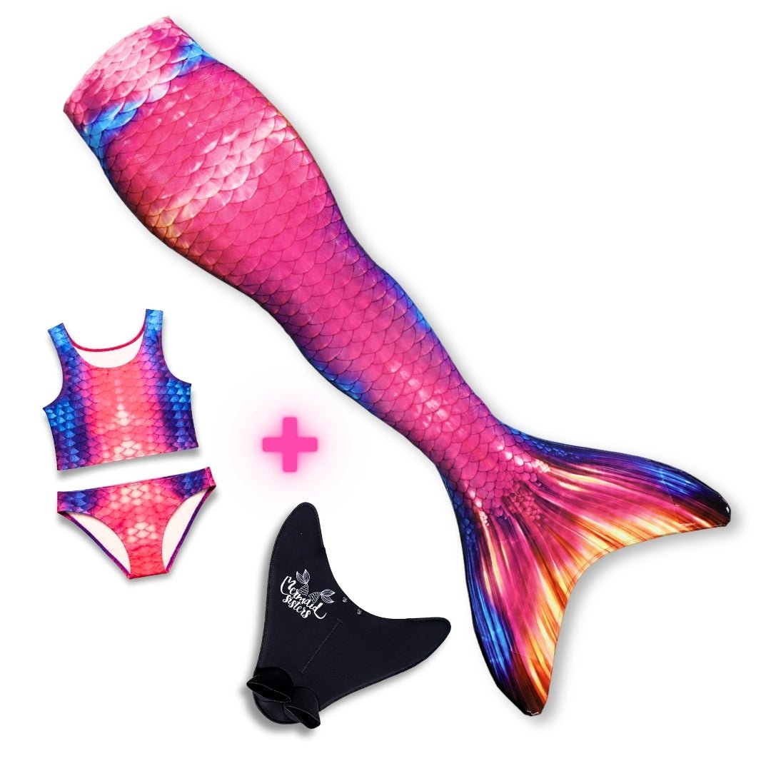 Kleurrijke zeemeerminset Tropical Sunset met roze en oranje tinten, inclusief zwemtop en bikini, perfect voor waterplezier.