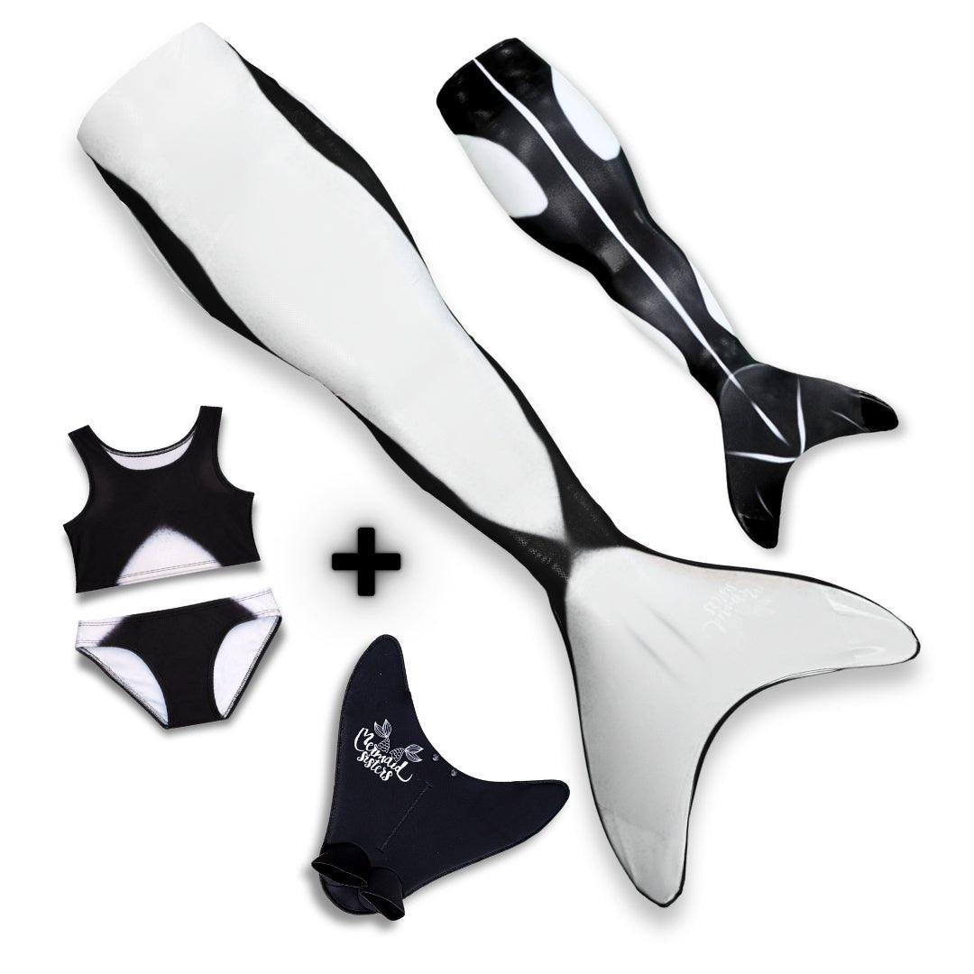 Zwart-witte Orca zeemeerminstaart met bijpassend zwemoutfit, perfect voor een krachtige uitstraling in het water.